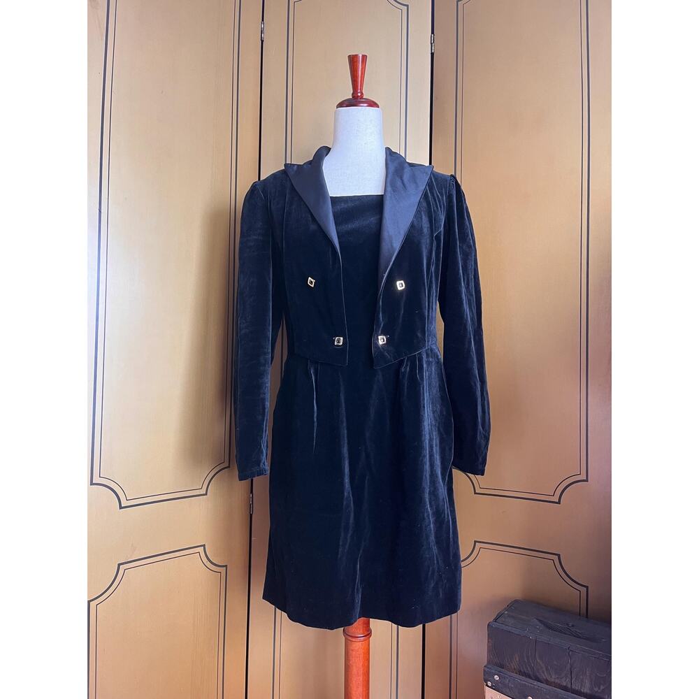 Vintage black velvet dress dress, handmade, size L